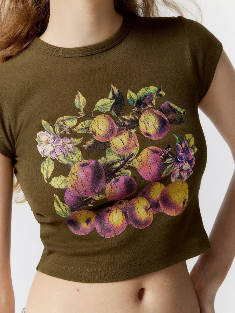 UO Fruit & Flowers Olive Crop Top - S